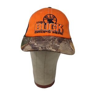 Team Realtree Orange &  Camo Meshback Snapback Hat The Buck Drops Here Hunting